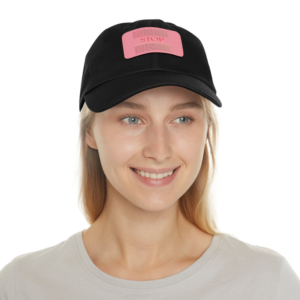 Leather Patch Dad Hat — 'STOP' Embossed Casual Baseball Cap