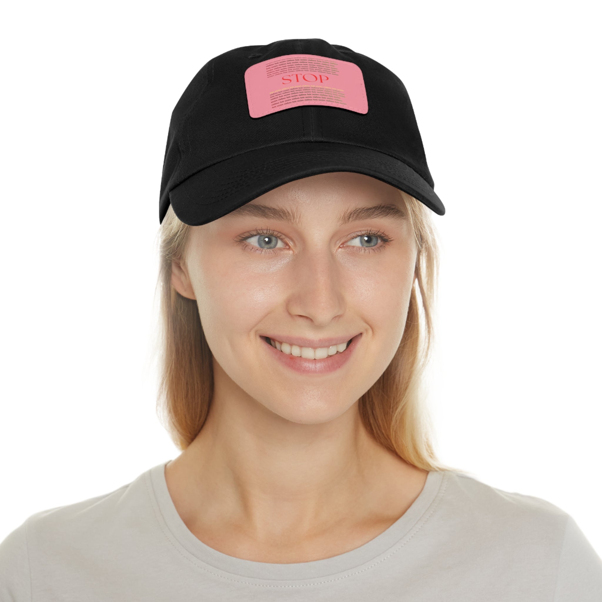 Leather Patch Dad Hat — 'STOP' Embossed Casual Baseball Cap