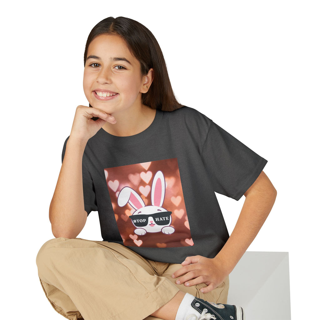 Youth T-Shirt — Cute Bunny with 'Stop the Hate' Sunglasses | Kids Anti-Bullying Tee