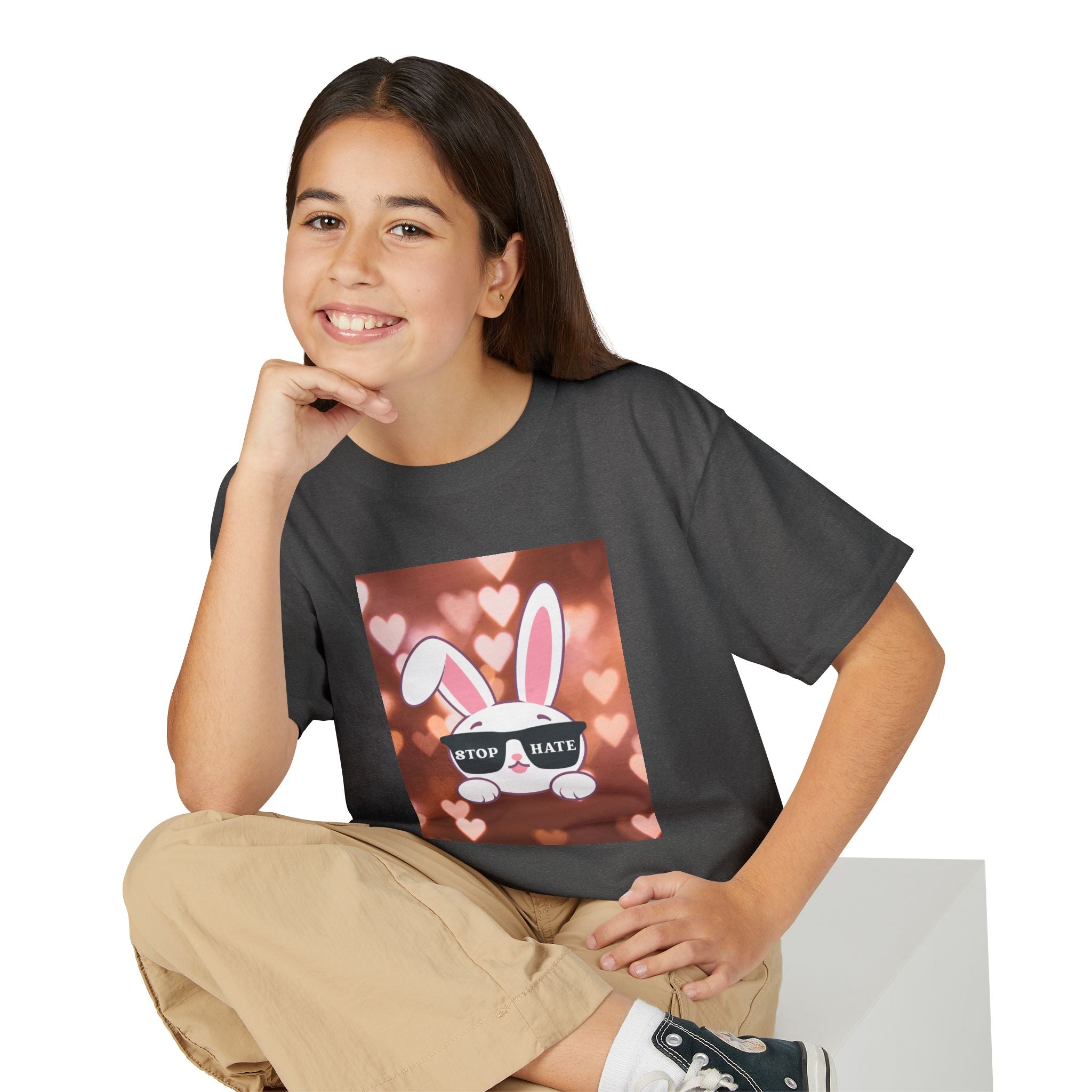 Youth T-Shirt — Cute Bunny with 'Stop the Hate' Sunglasses | Kids Anti-Bullying Tee
