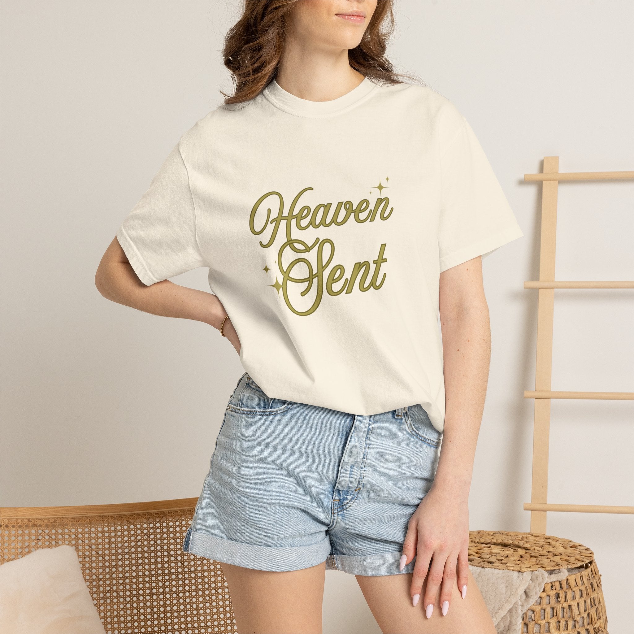Heaven Sent Graphic Tee – Script Text Logo Cotton T-Shirt