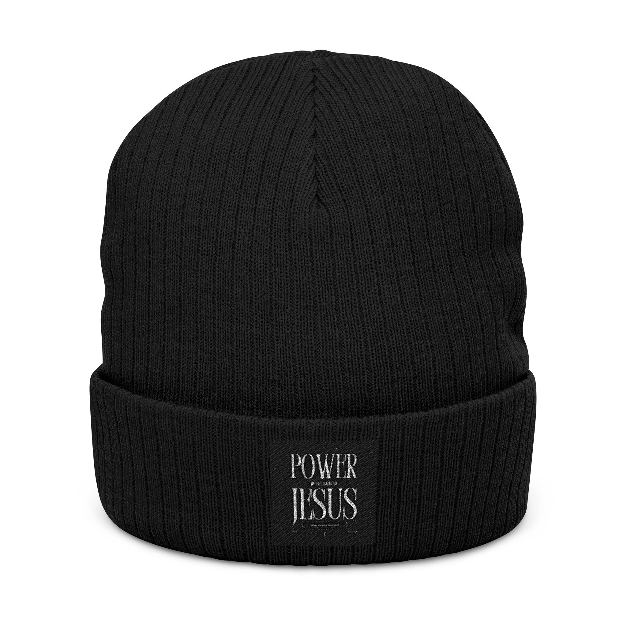 Embroidered "POWR JESUS" Ribbed Beanie — Cozy Christian Knit Hat