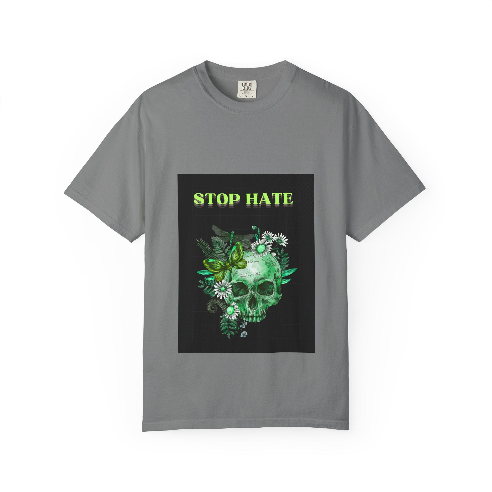 Stop Hate Skull T-Shirt — Green Floral Skull Graphic Tee