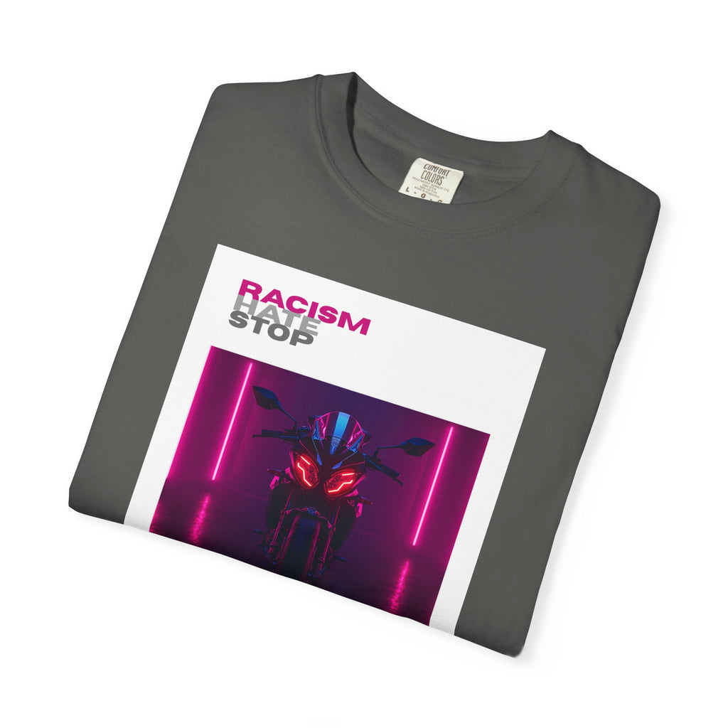 Anti-Racism Graphic T-Shirt — “Racism Stop” Neon Robot Design
