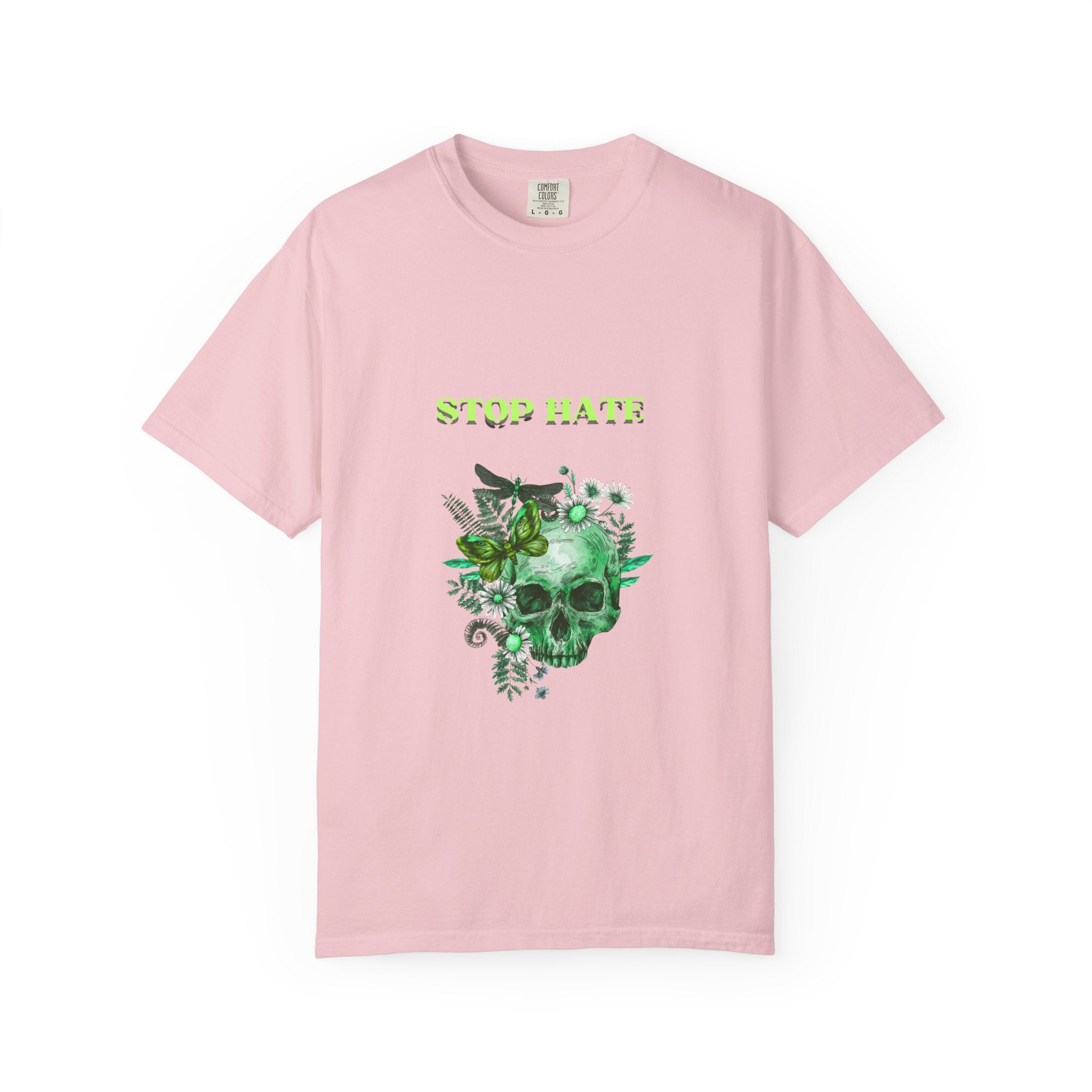 Stop Hate Skull T-Shirt — Green Floral Skull Graphic Tee