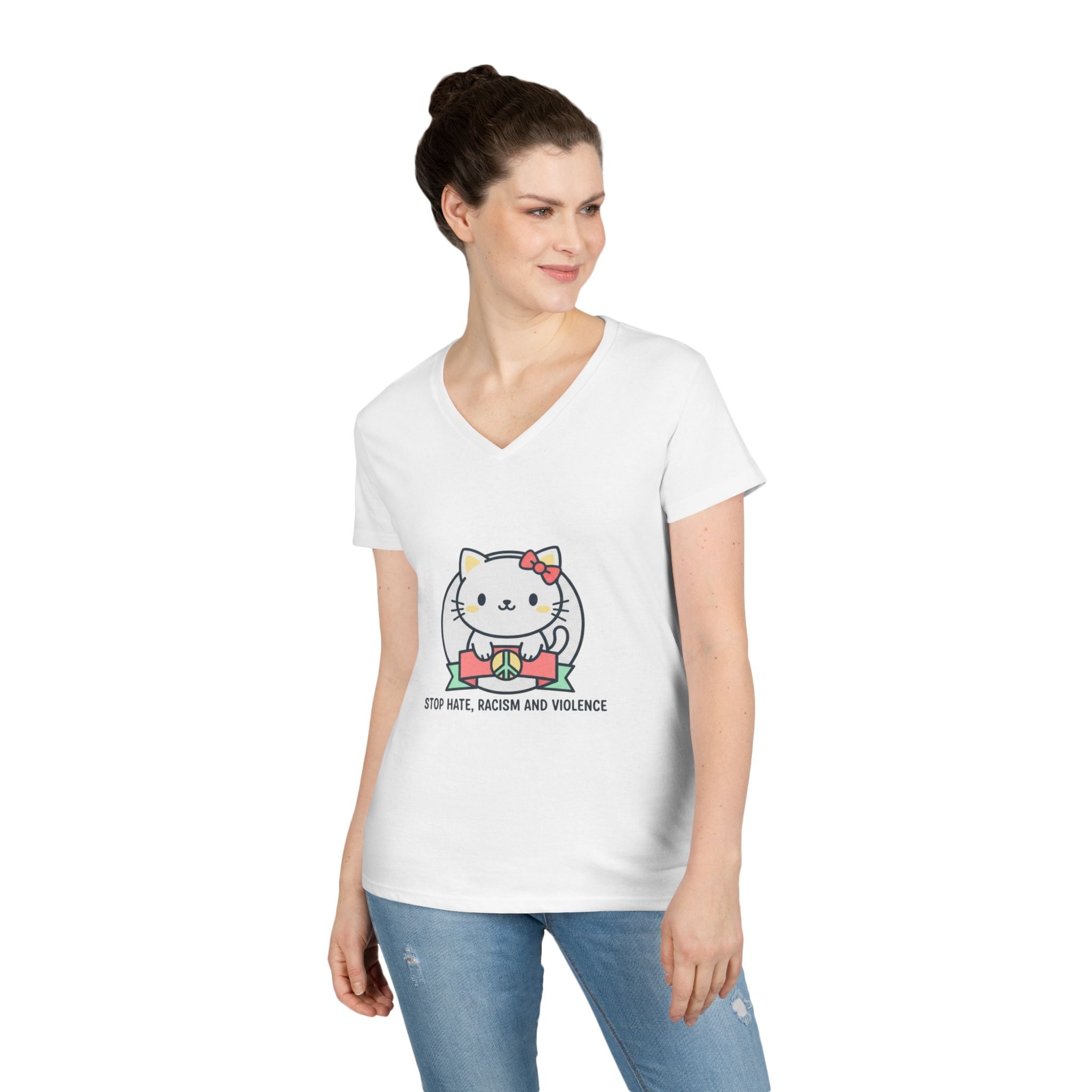 Stop Hate Kitty V-Neck Tee — Cute Anti-Racism Message Shirt
