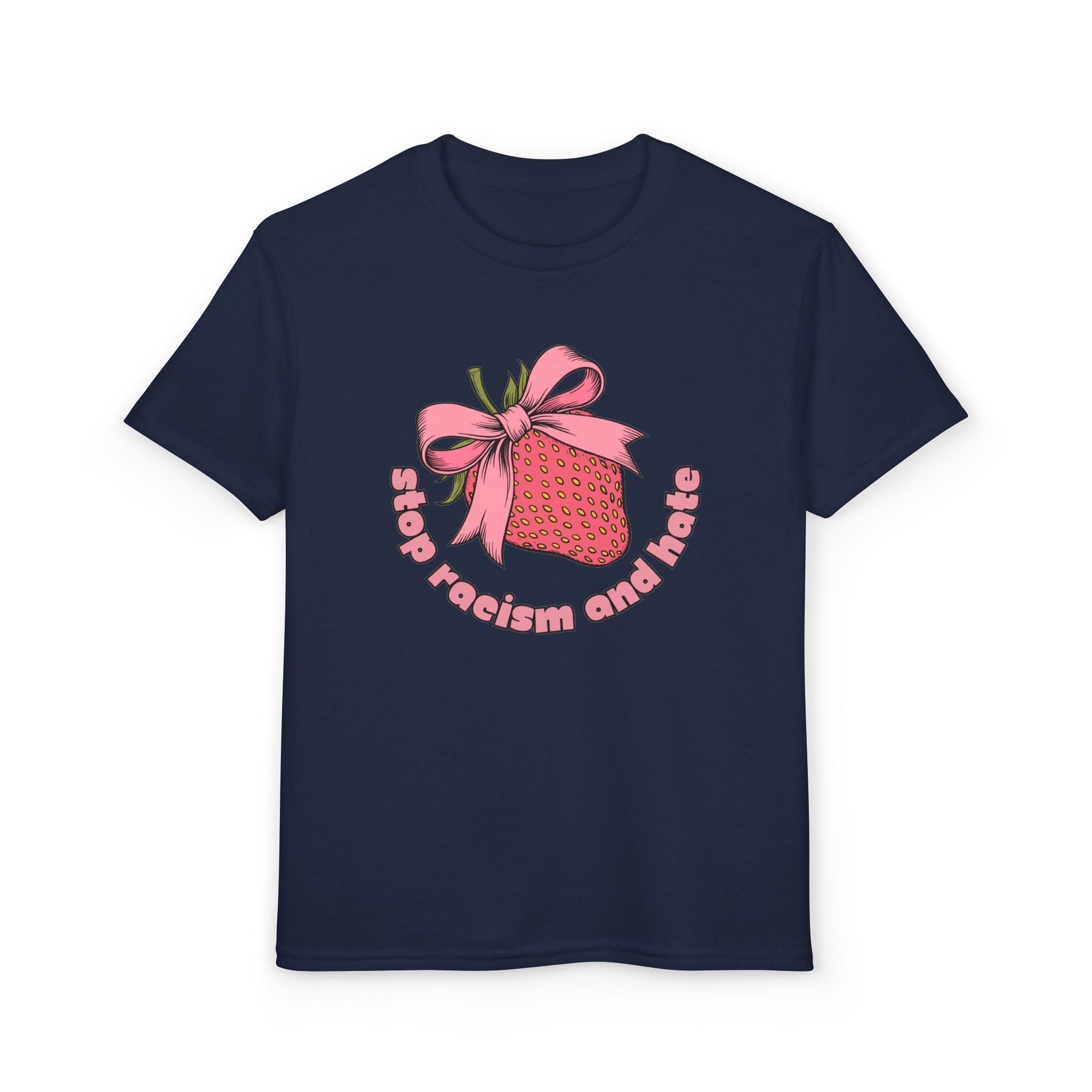 Youth T-Shirt — Cute Pink Gift Box Graphic with "Stop, Realism and Races" Slogan