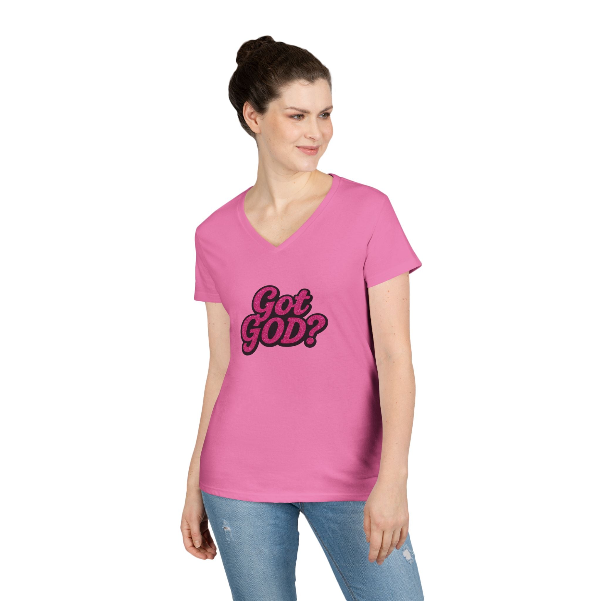 Got GOD? Ladies' V-Neck T-Shirt — Retro Pink Faith Graphic