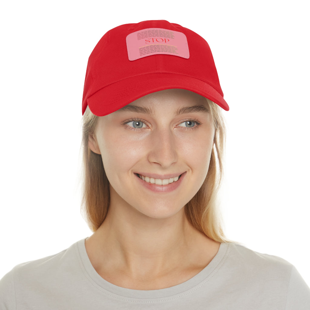 Leather Patch Dad Hat — 'STOP' Embossed Casual Baseball Cap