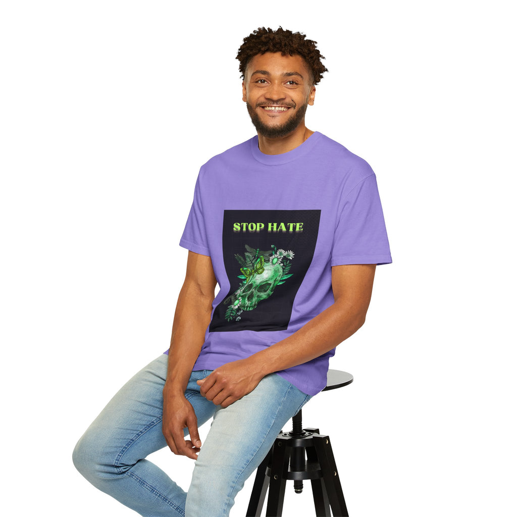 Stop Hate Skull T-Shirt — Green Floral Skull Graphic Tee