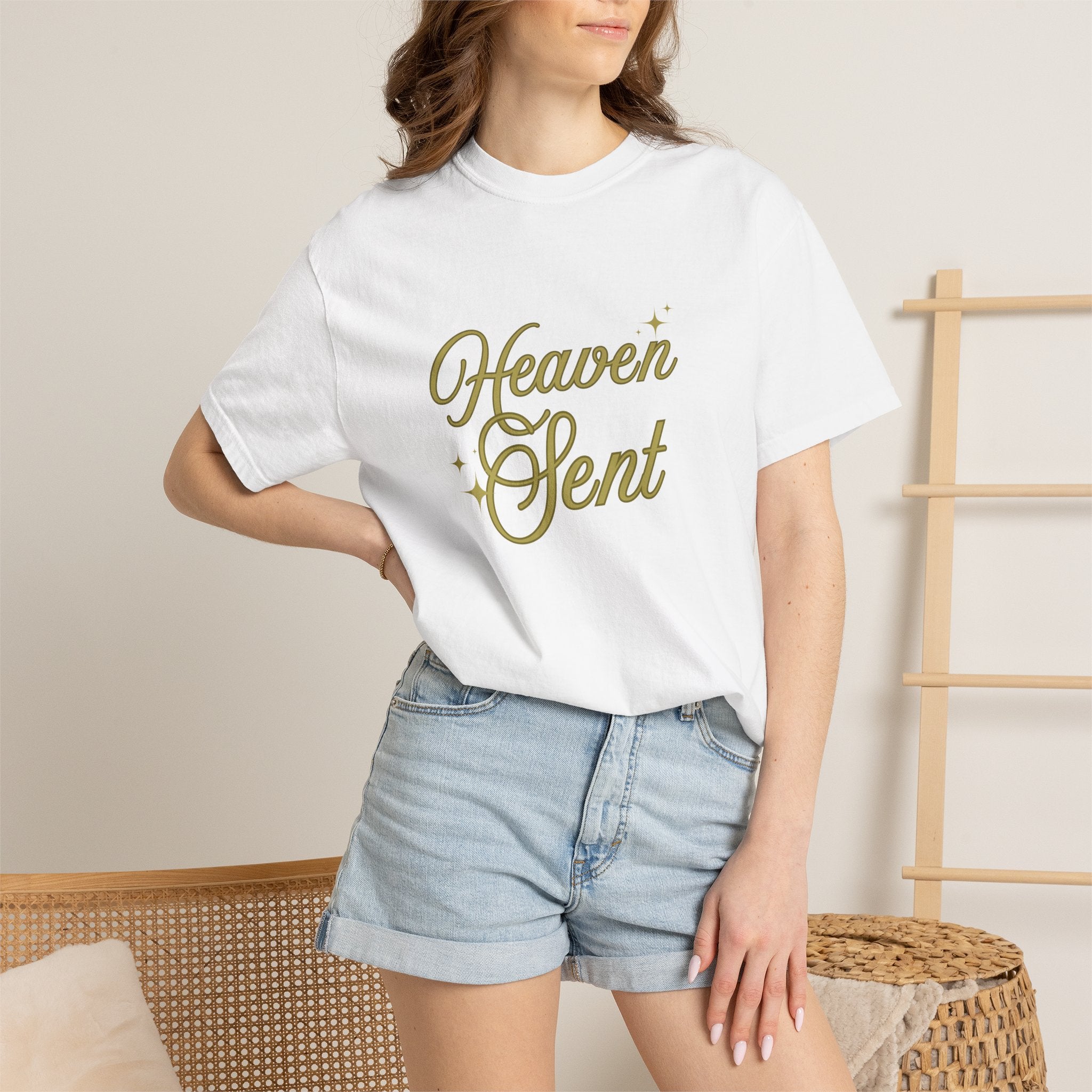 Heaven Sent Graphic Tee – Script Text Logo Cotton T-Shirt