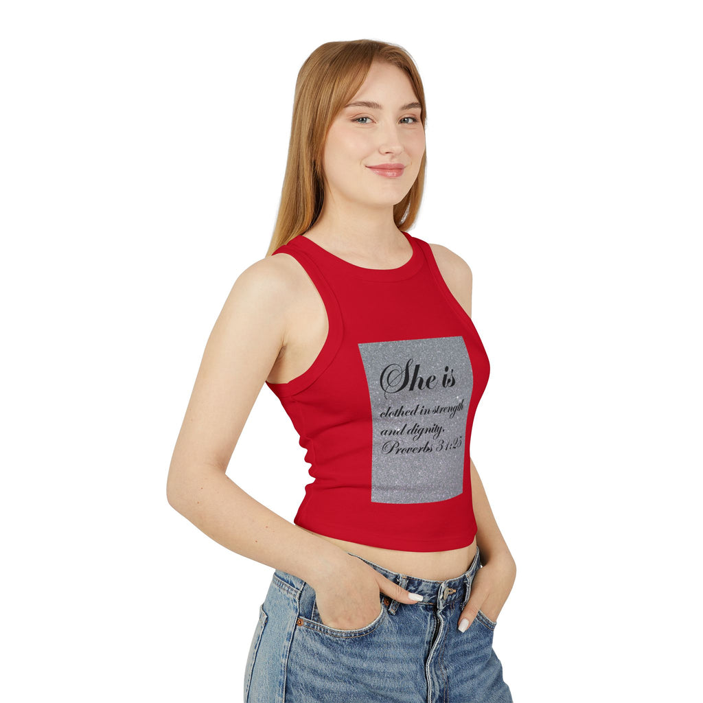 Proverbs 31:25 'She Is Clothed in Strength' Women's Ribbed Racer Tank