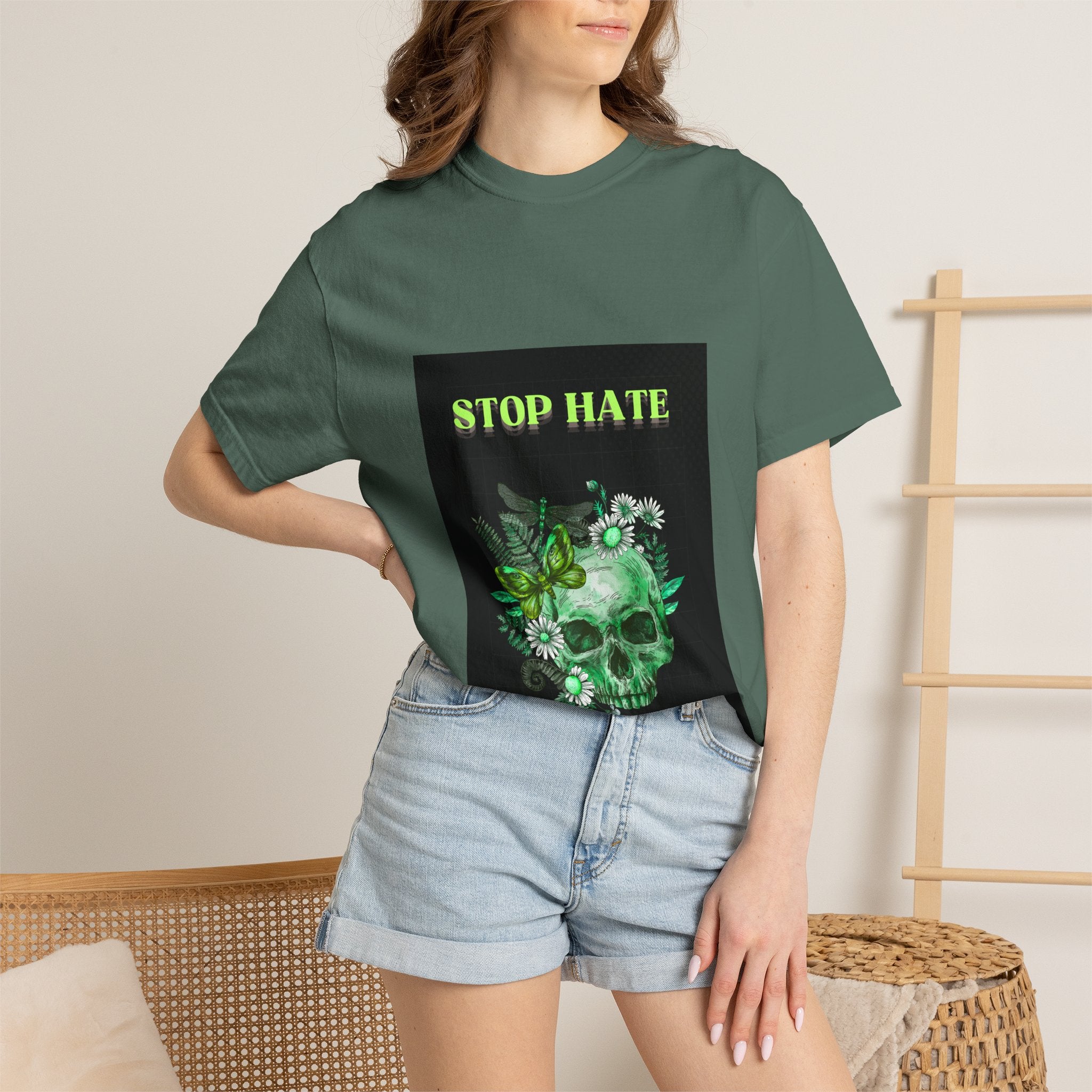 Stop Hate Skull T-Shirt — Green Floral Skull Graphic Tee