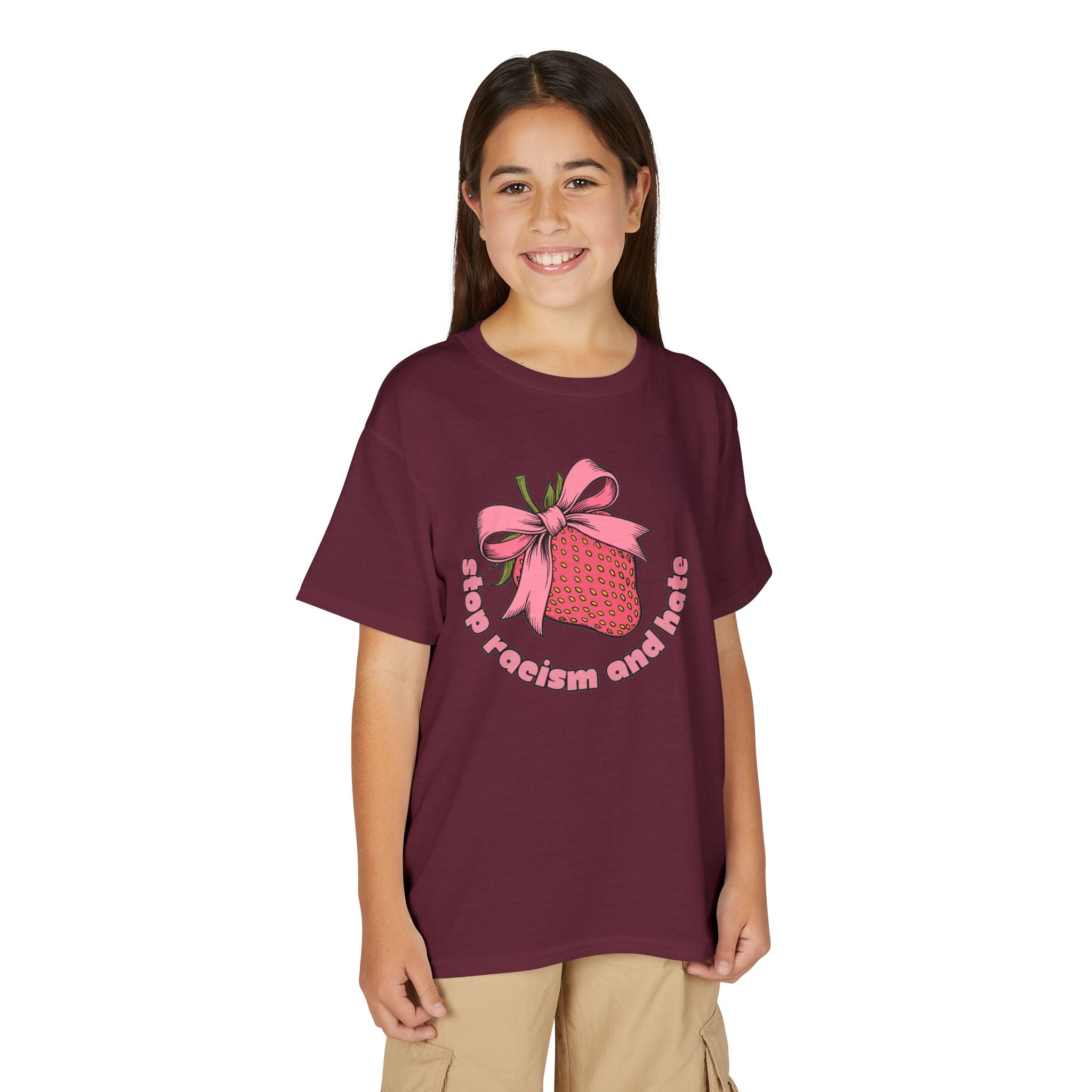 Youth T-Shirt — Cute Pink Gift Box Graphic with "Stop, Realism and Races" Slogan