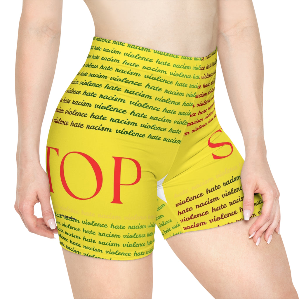 Stop Racism Yellow Biker Shorts — 'Stop' Statement Activewear