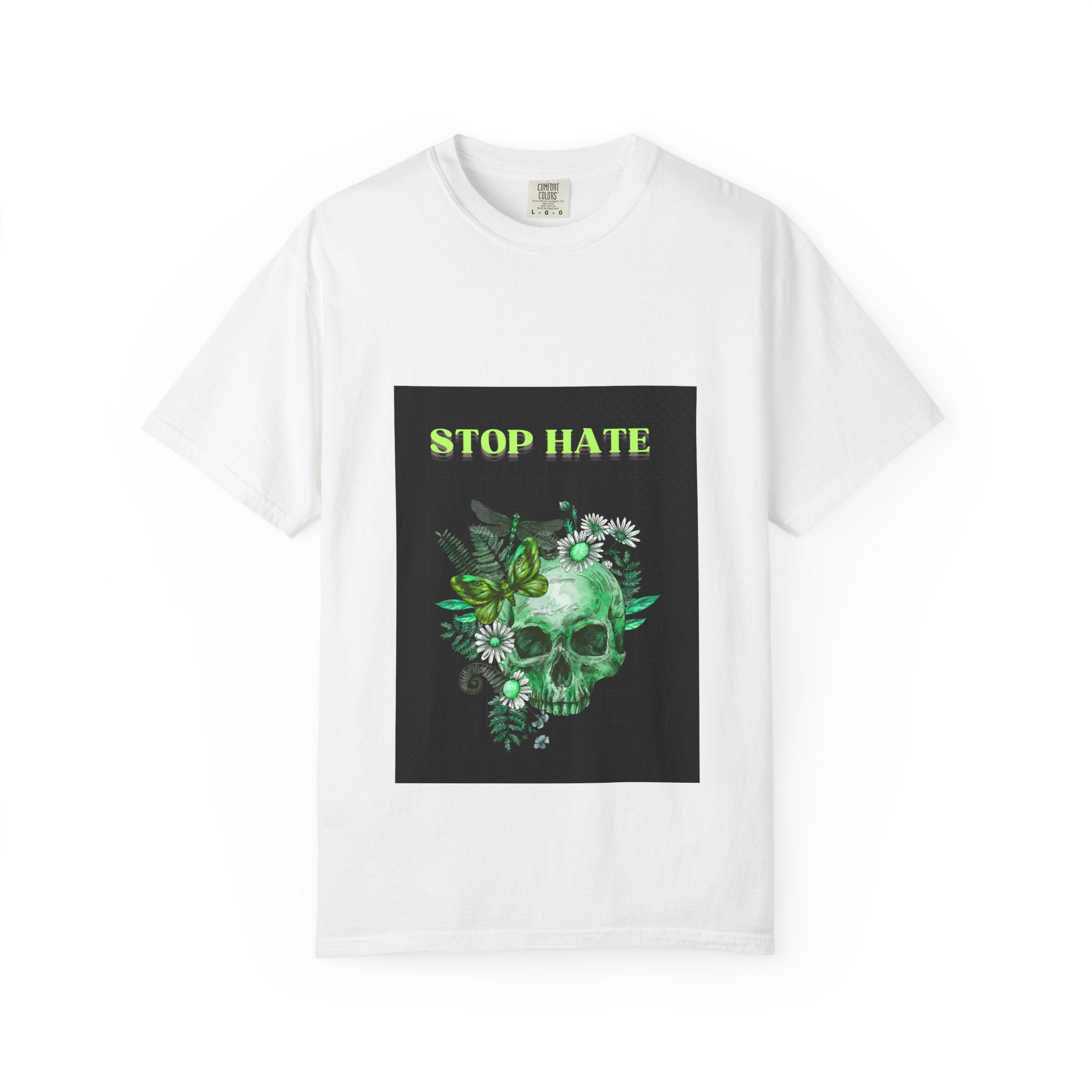 Stop Hate Skull T-Shirt — Green Floral Skull Graphic Tee