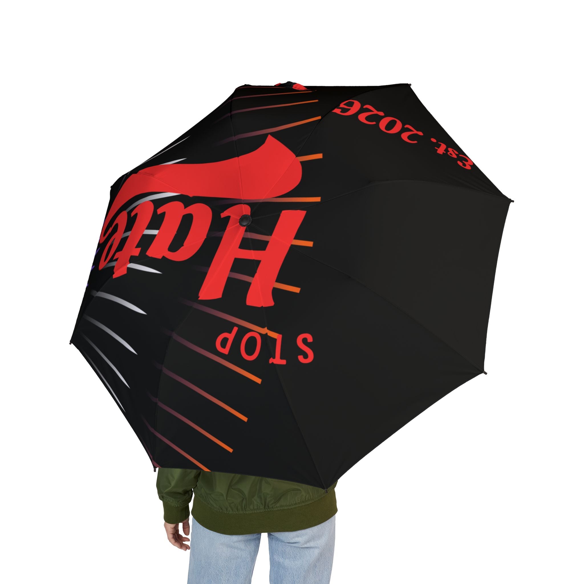 Foldable Umbrella — "Stop Hate" Red Heart Design, Compact Semi‑Automatic Rain Umbrella