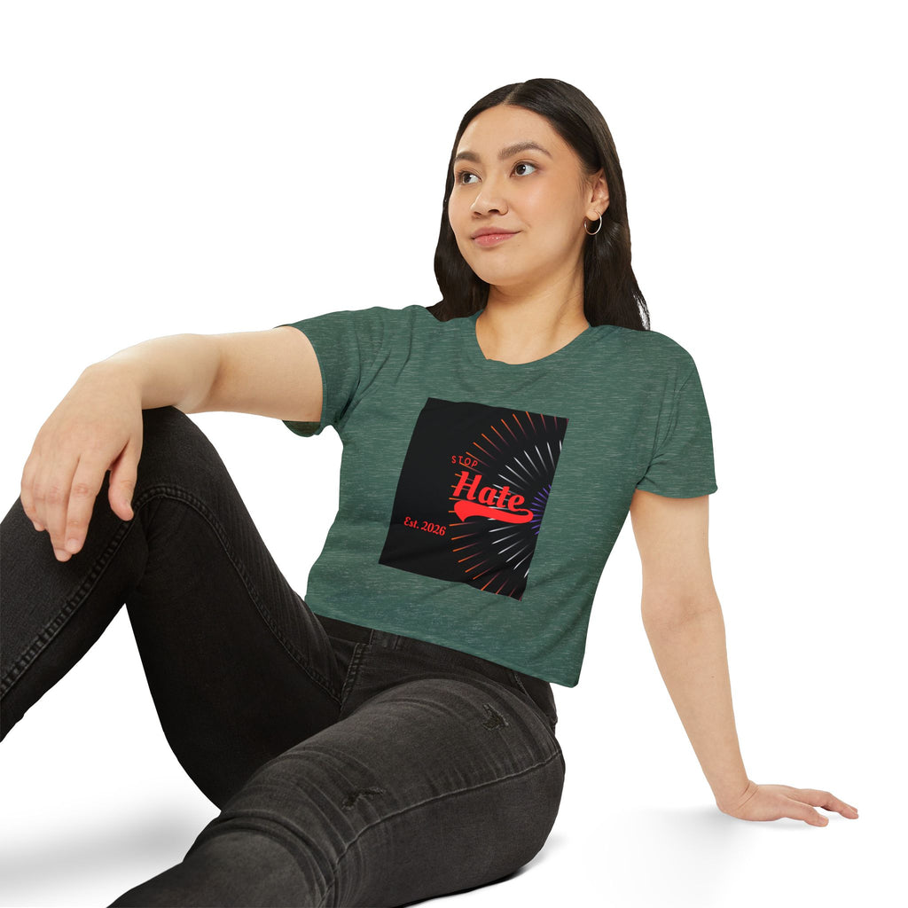 Crop Top — 'Stop Hate' Festival Crop Top, Retro Red Script Graphic