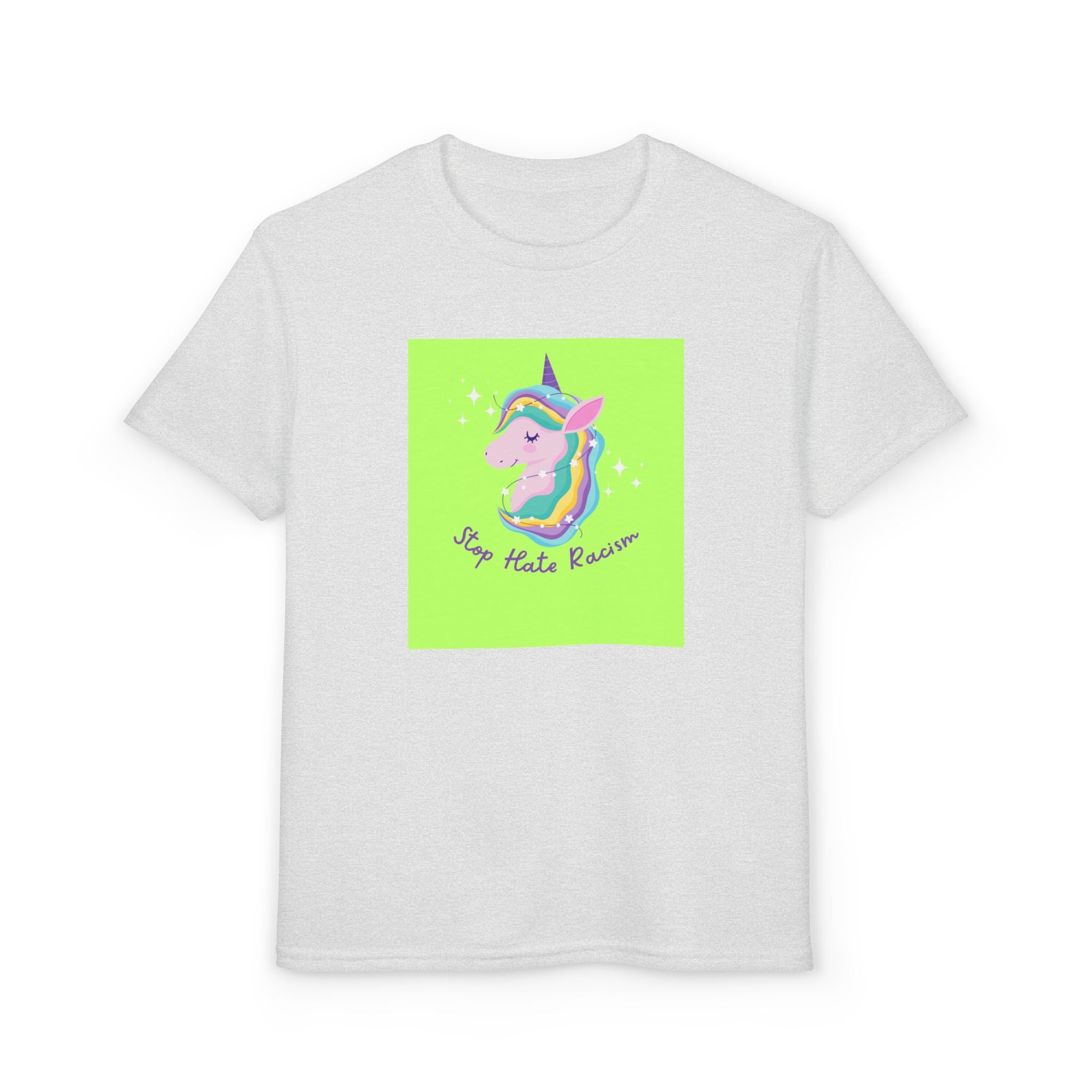 Youth T-Shirt — Rainbow Unicorn “Stop Hate Racism” Graphic