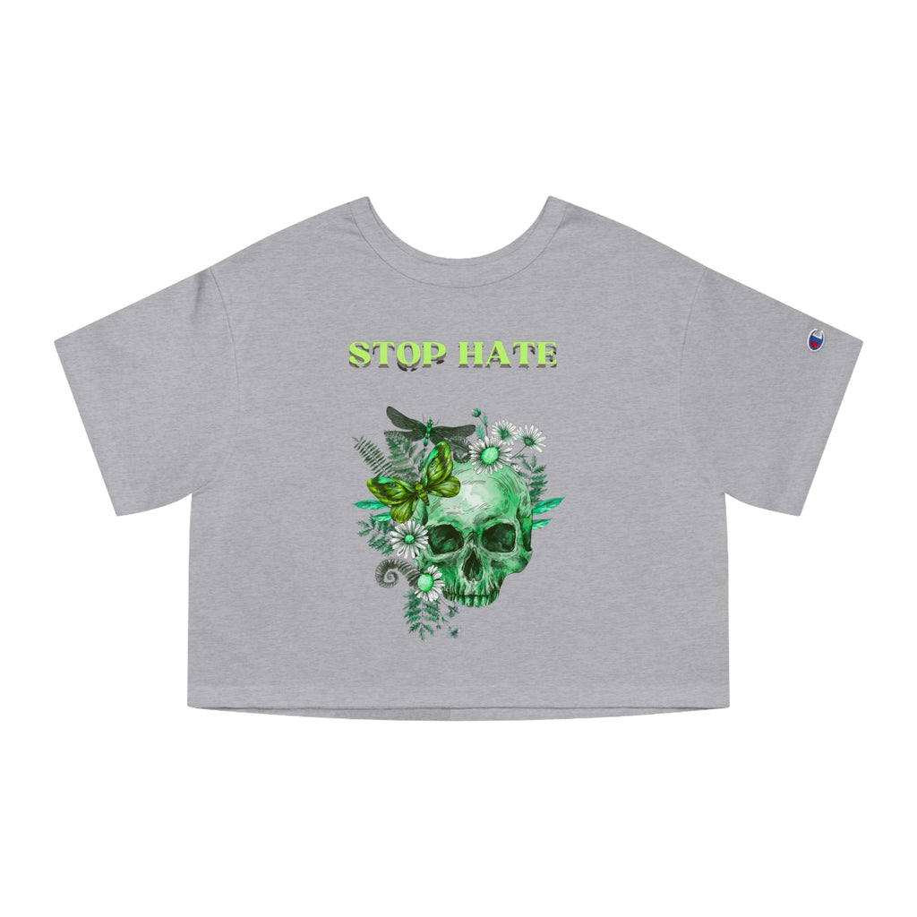 Stop Hate Skull Crop Tee — Women's Green Floral Peace Graphic