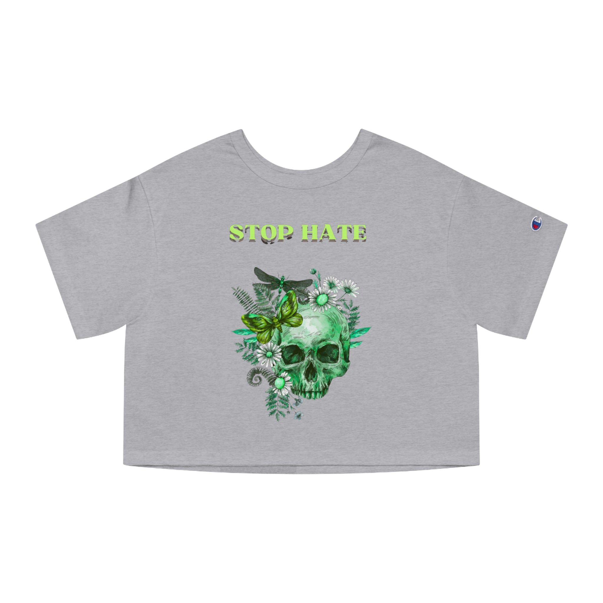Stop Hate Skull Crop Tee — Women's Green Floral Peace Graphic