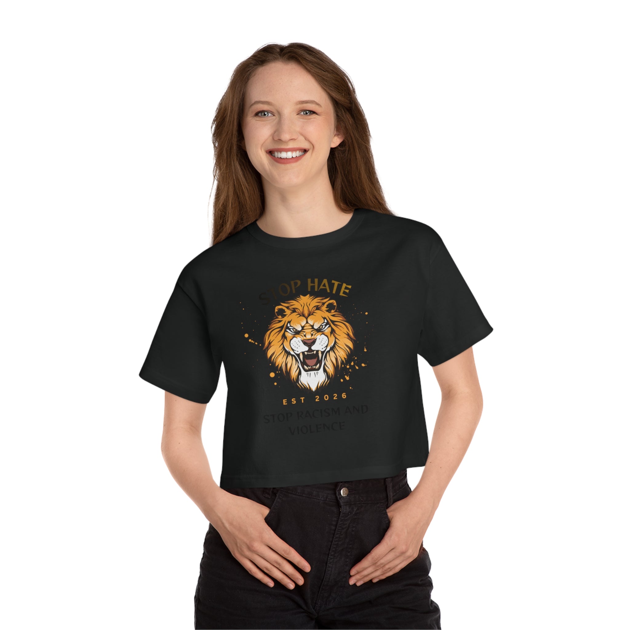 Stop Hate Lion Crop Tee — "Stop Racism and Violence" Graphic T‑Shirt