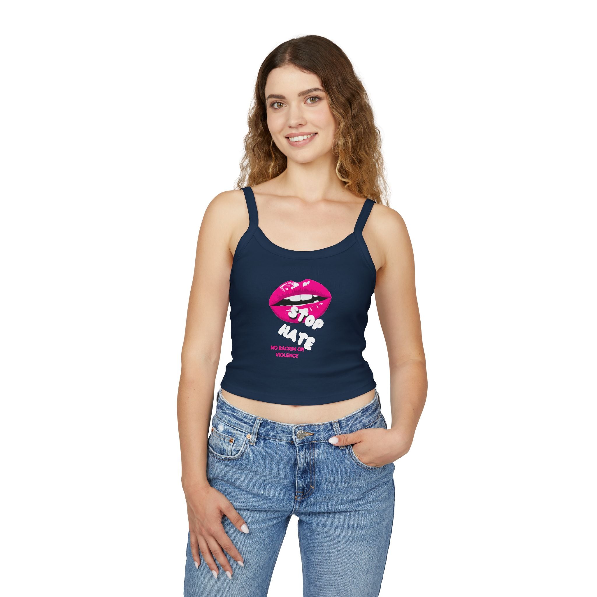 Spaghetti Tank Top — Pink Lip 'Stop Hatin'' Graphic Crop