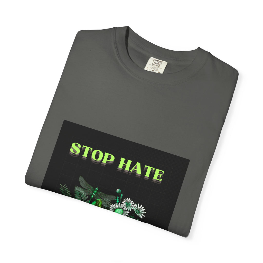 Stop Hate Skull T-Shirt — Green Floral Skull Graphic Tee