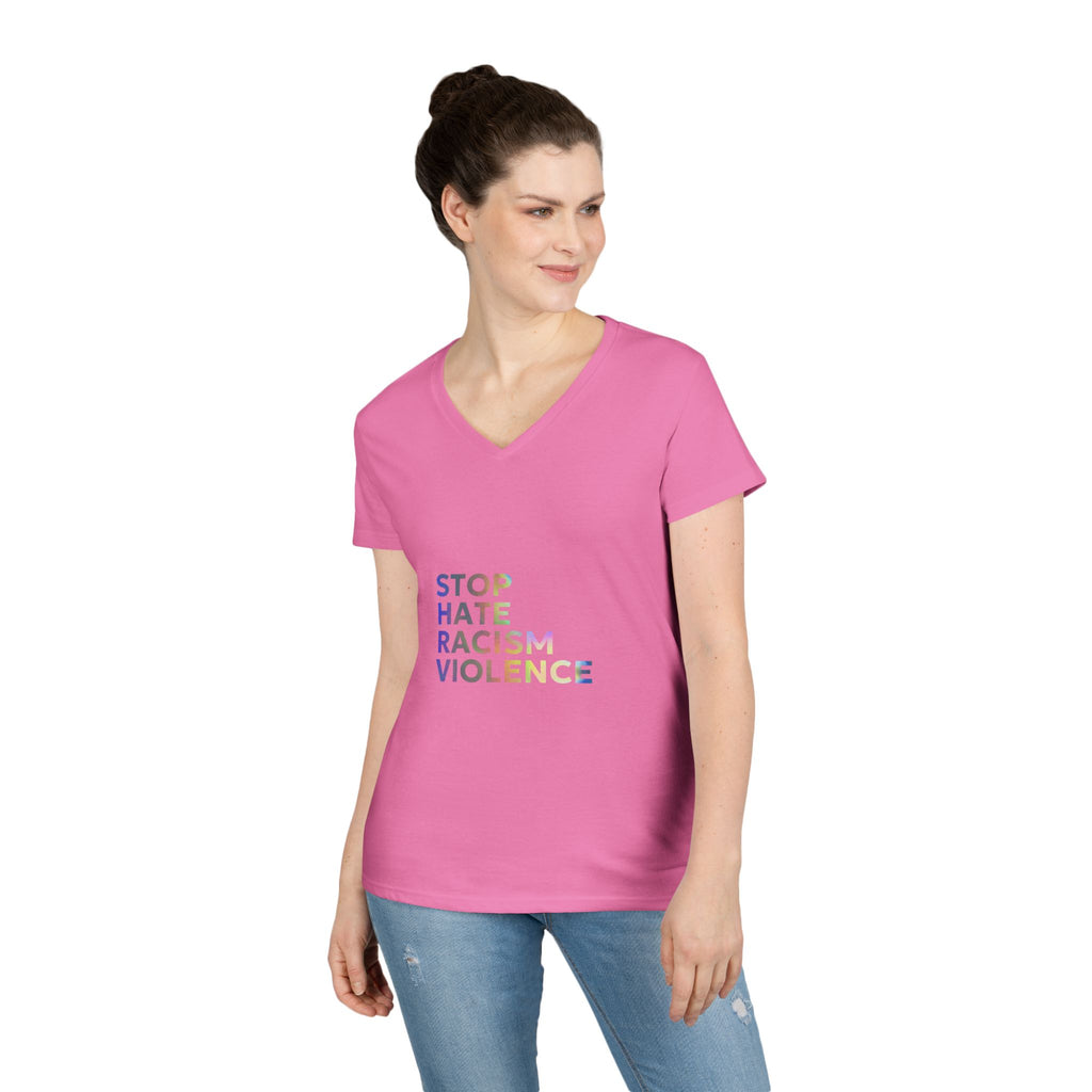 Stop Hate Racism Violence V-Neck Tee — Women’s Social Justice T-Shirt
