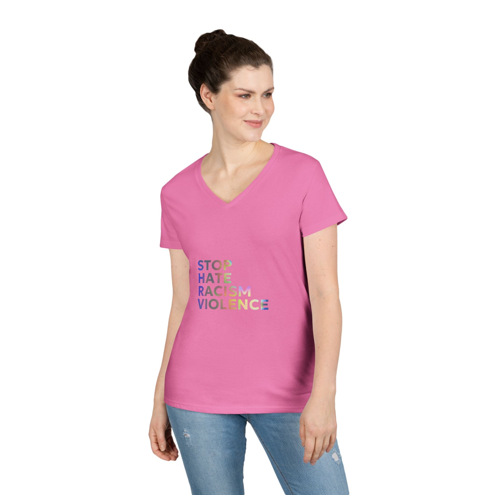 Stop Hate Racism Violence V-Neck Tee — Women’s Social Justice T-Shirt