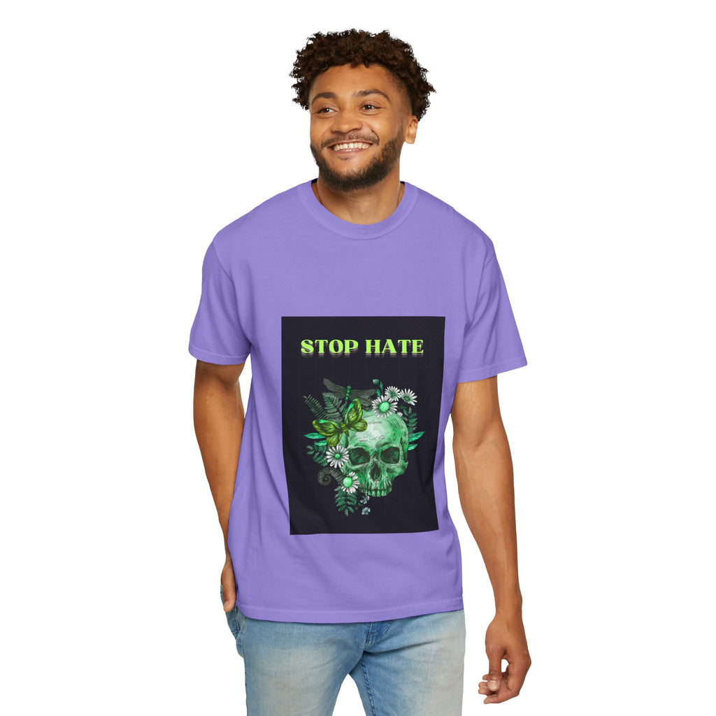 Stop Hate Skull T-Shirt — Green Floral Skull Graphic Tee