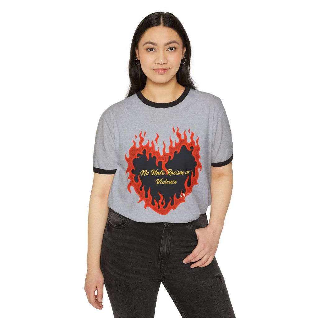 Ringer T-Shirt - Flaming Heart "No Hate, Racism or Violence" Graphic