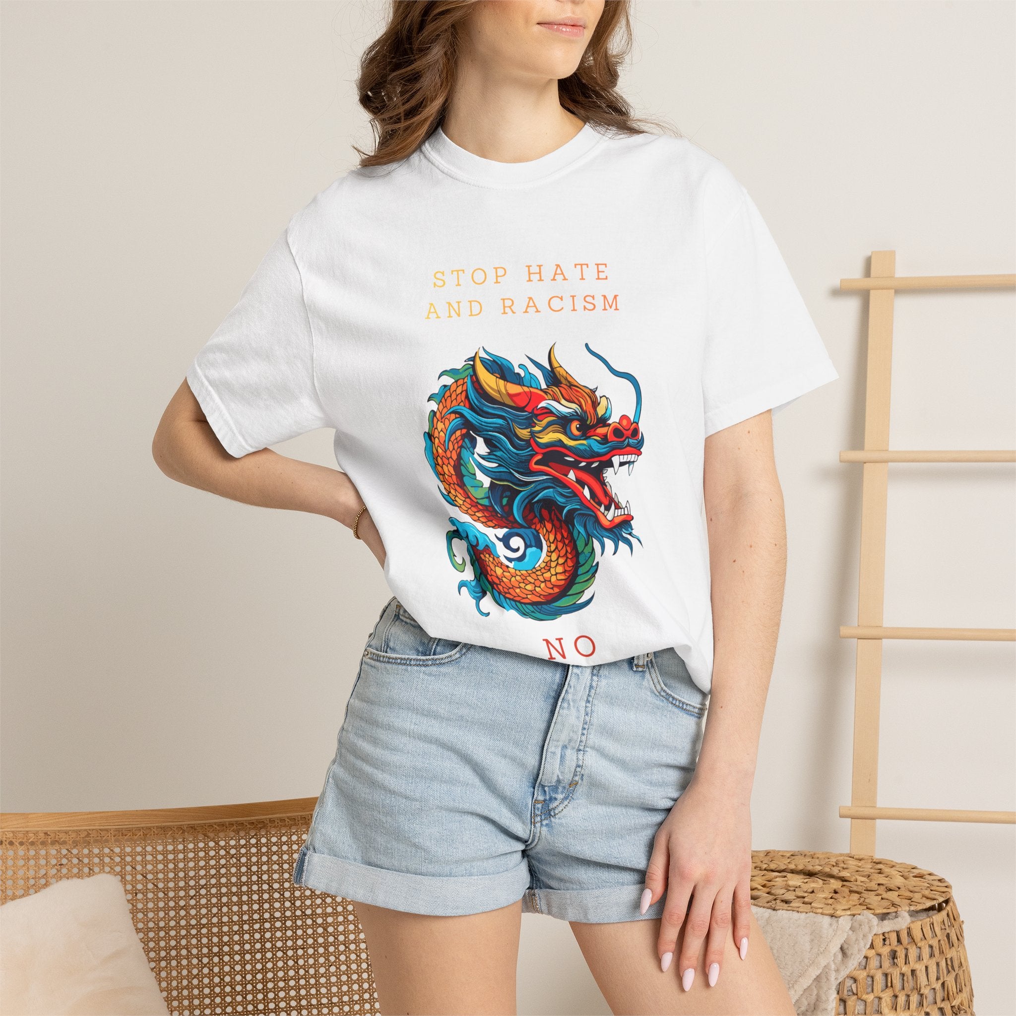 T-Shirt — 'Stop Hate and Racism, No Violence' Dragon Graphic Tee
