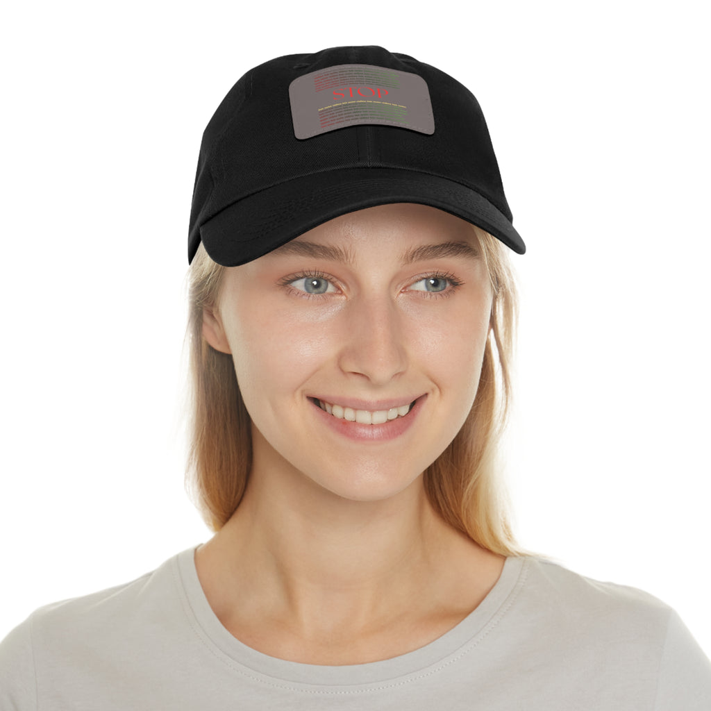 Leather Patch Dad Hat — 'STOP' Embossed Casual Baseball Cap