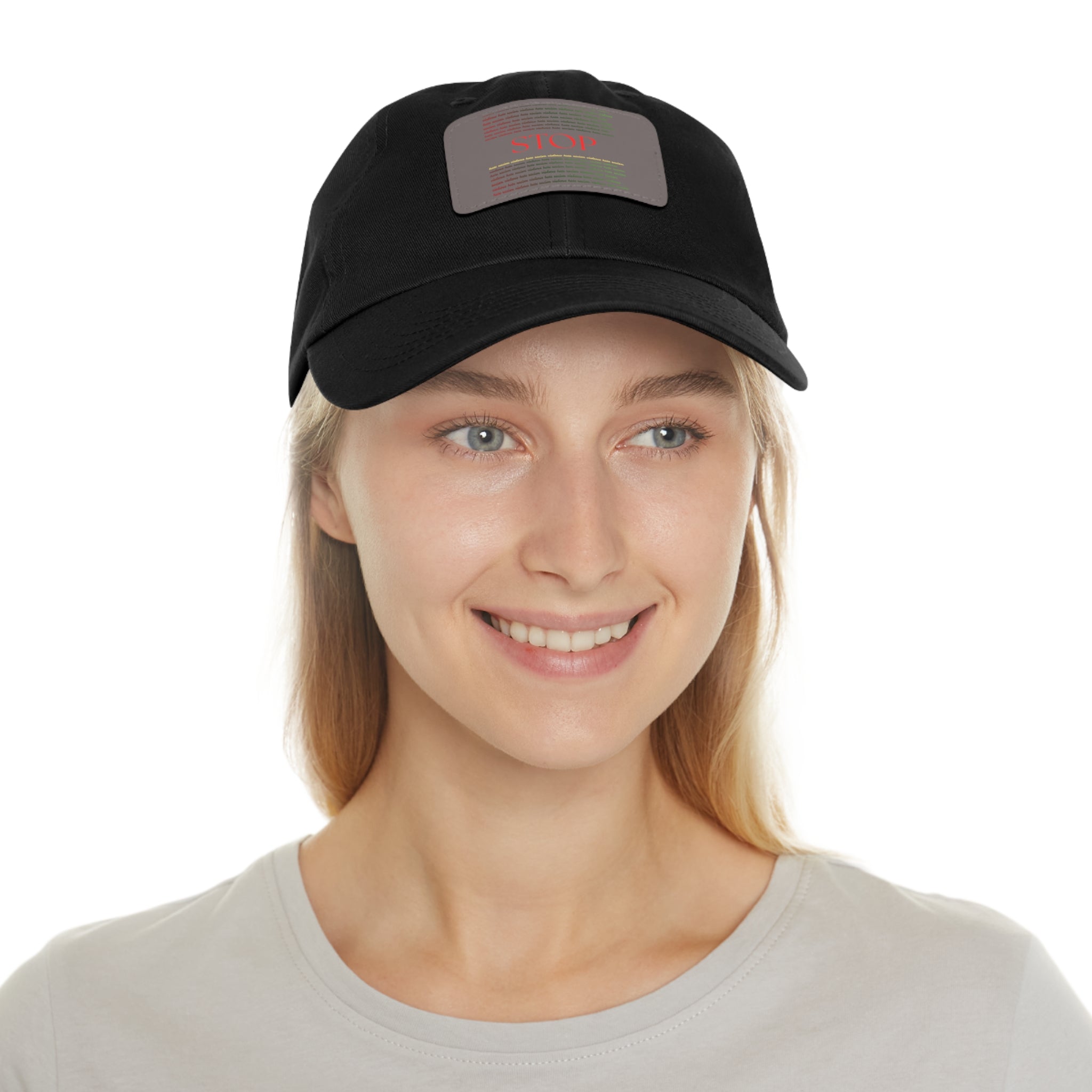 Leather Patch Dad Hat — 'STOP' Embossed Casual Baseball Cap