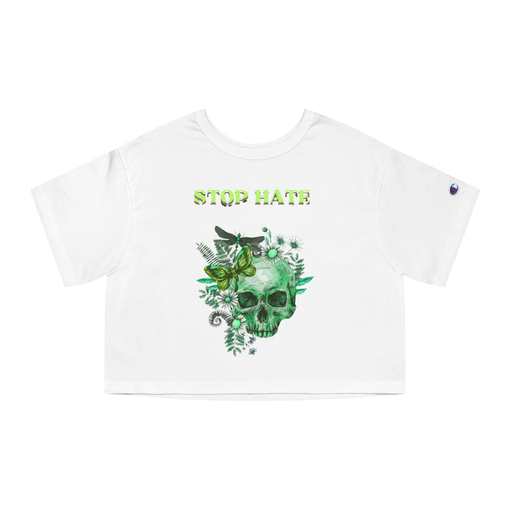 Stop Hate Skull Crop Tee — Women's Green Floral Peace Graphic