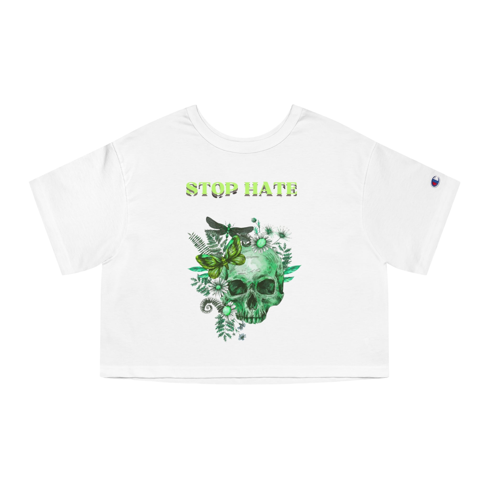 Stop Hate Skull Crop Tee — Women's Green Floral Peace Graphic