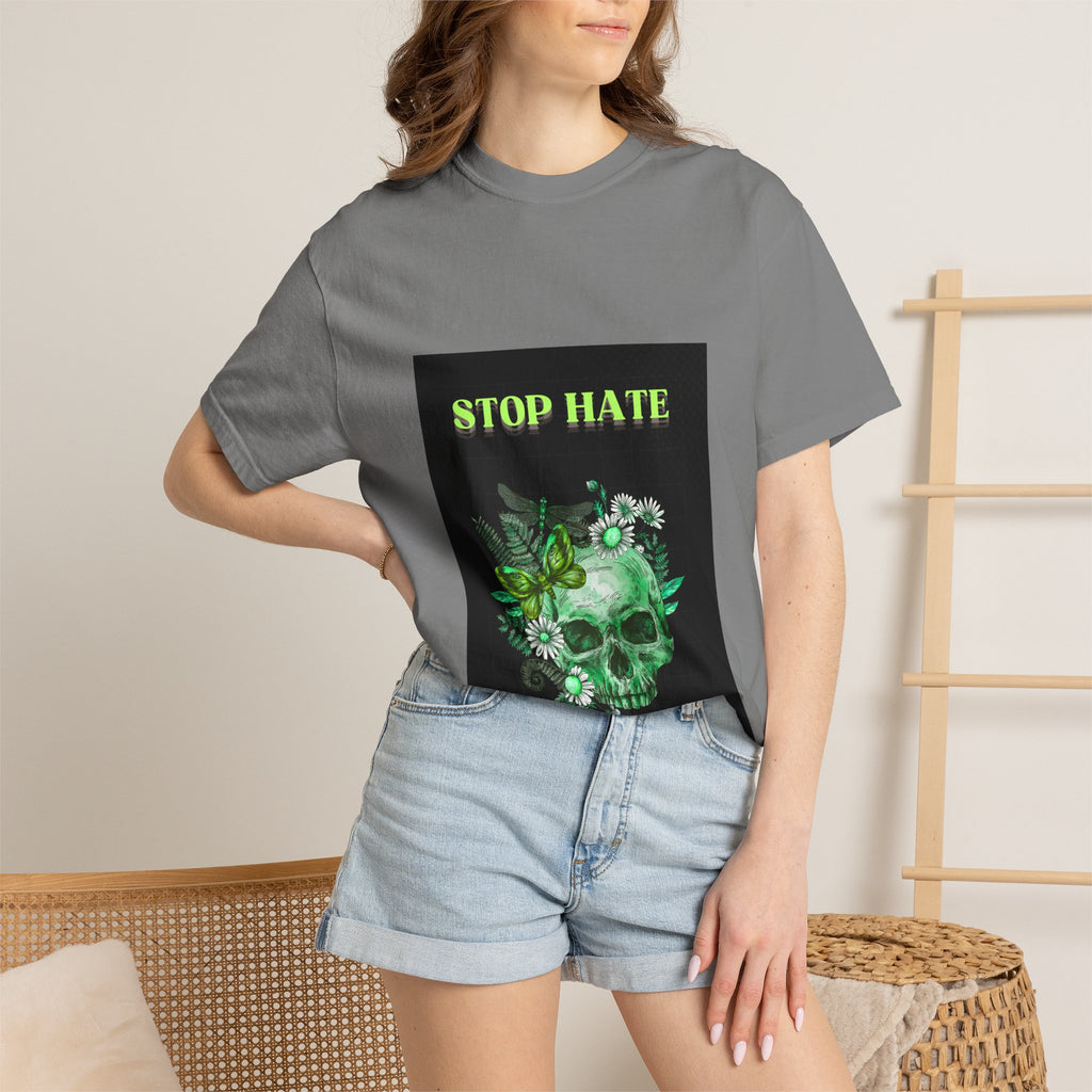 Stop Hate Skull T-Shirt — Green Floral Skull Graphic Tee