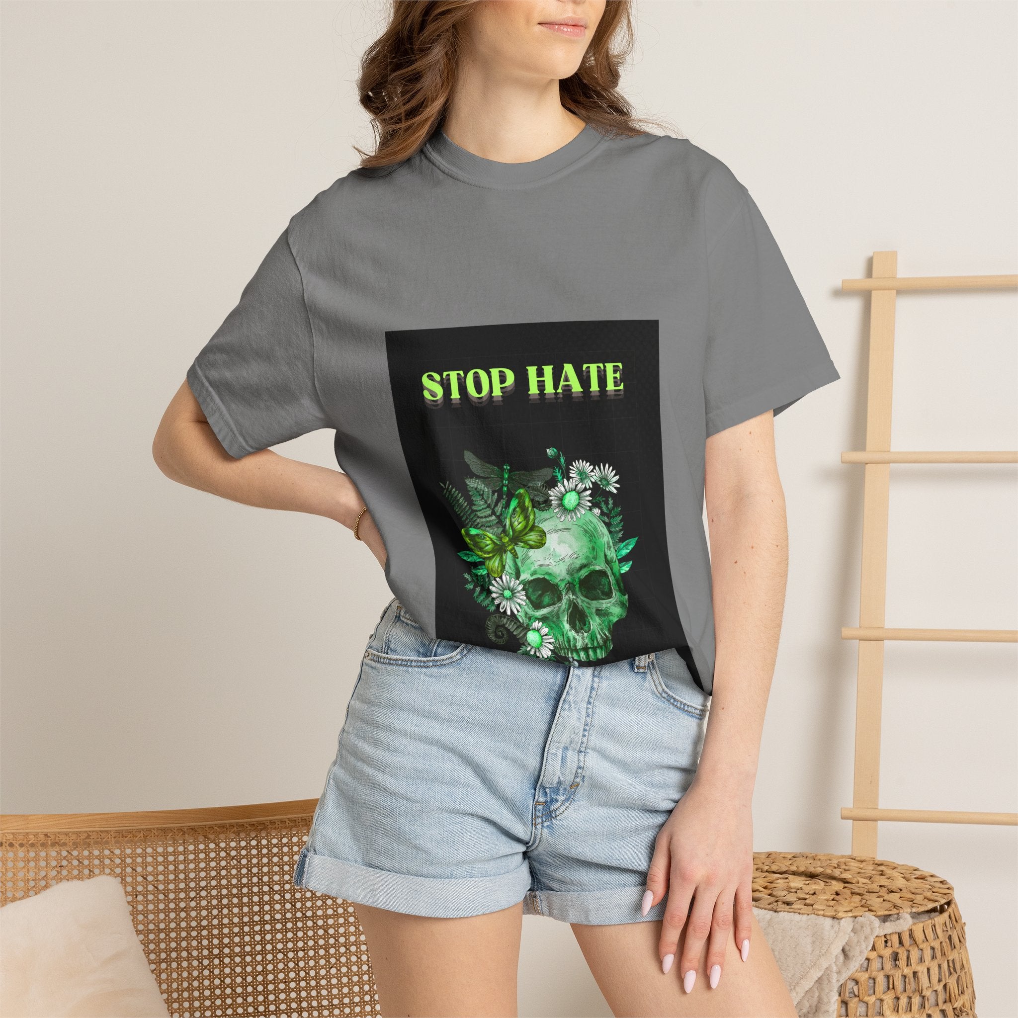 Stop Hate Skull T-Shirt — Green Floral Skull Graphic Tee