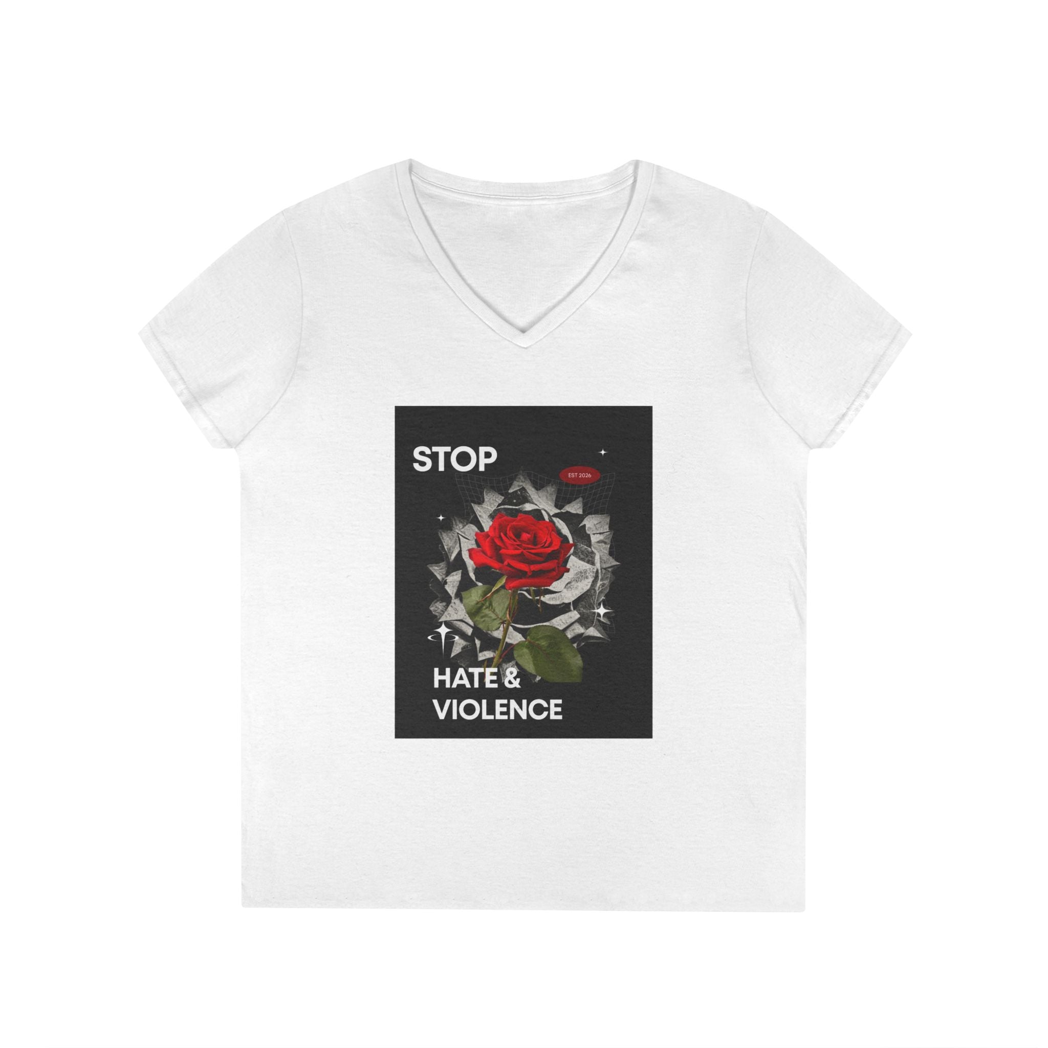 Stop Hate & Violence Women's V-Neck T-Shirt — Red Rose Peace Graphic Tee