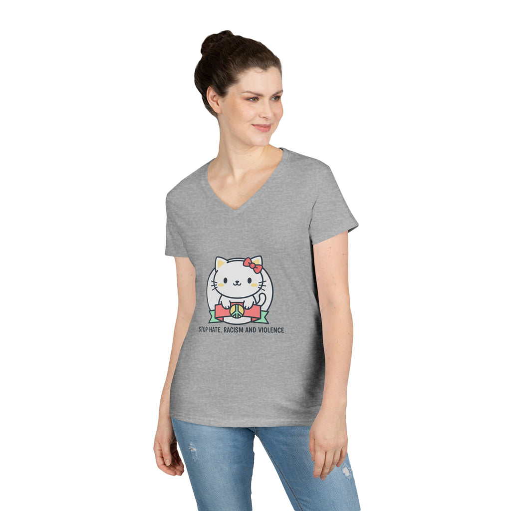 Stop Hate Kitty V-Neck Tee — Cute Anti-Racism Message Shirt