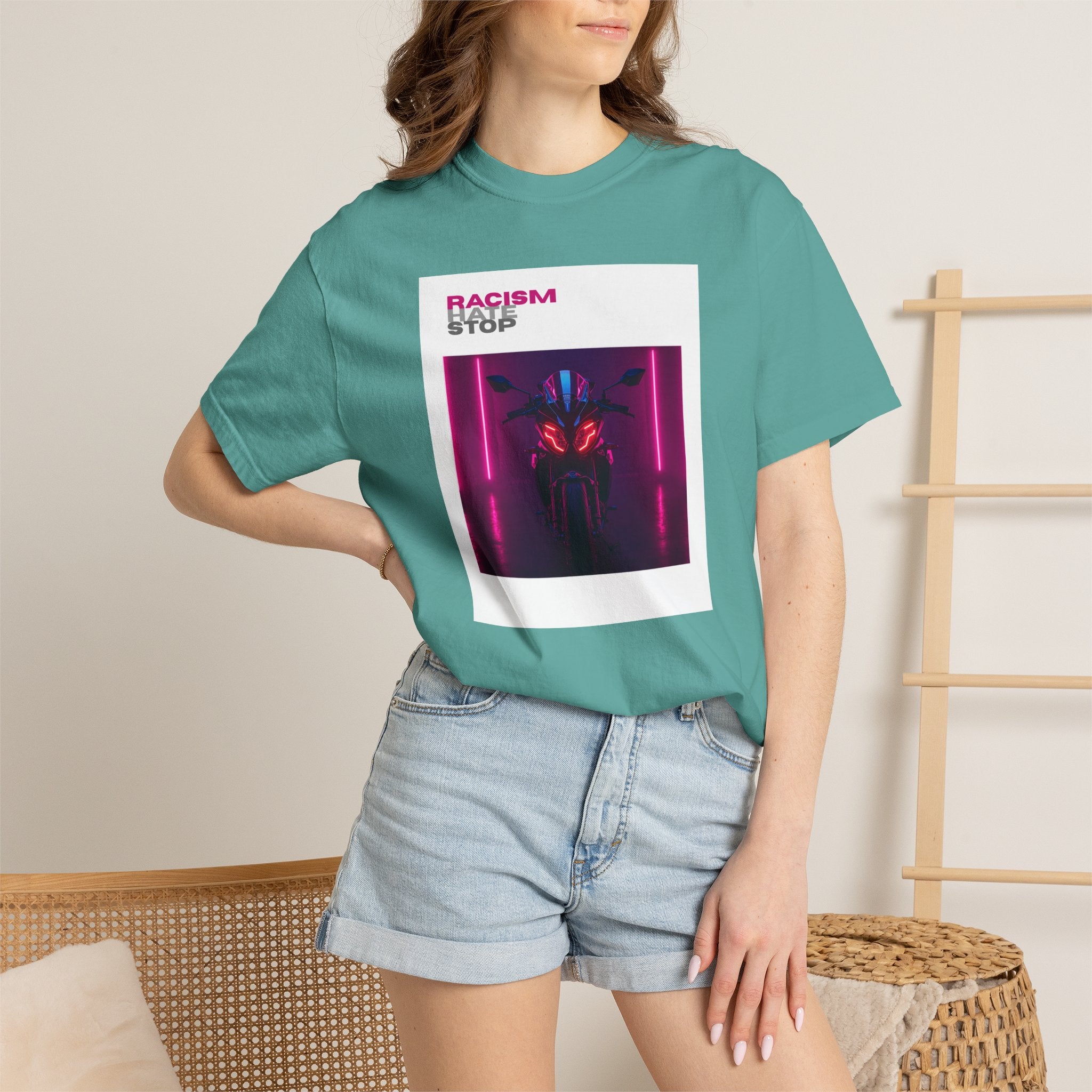 Anti-Racism Graphic T-Shirt — “Racism Stop” Neon Robot Design