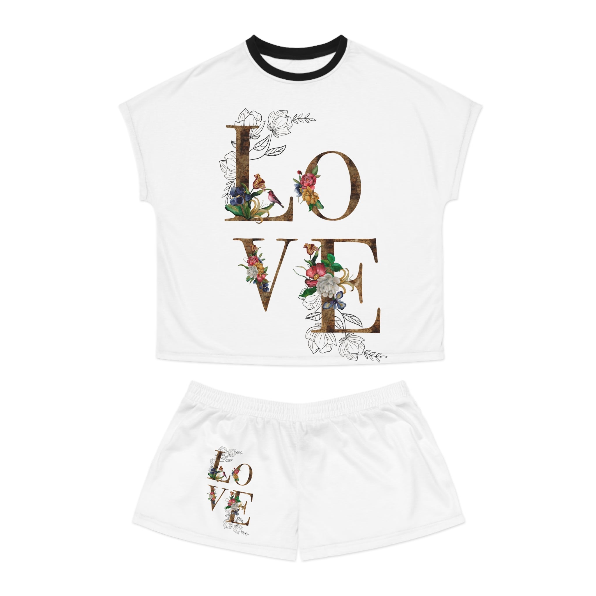 Women's Floral 'LOVE' Short Pajama Set - Cozy Romantic Sleepwear