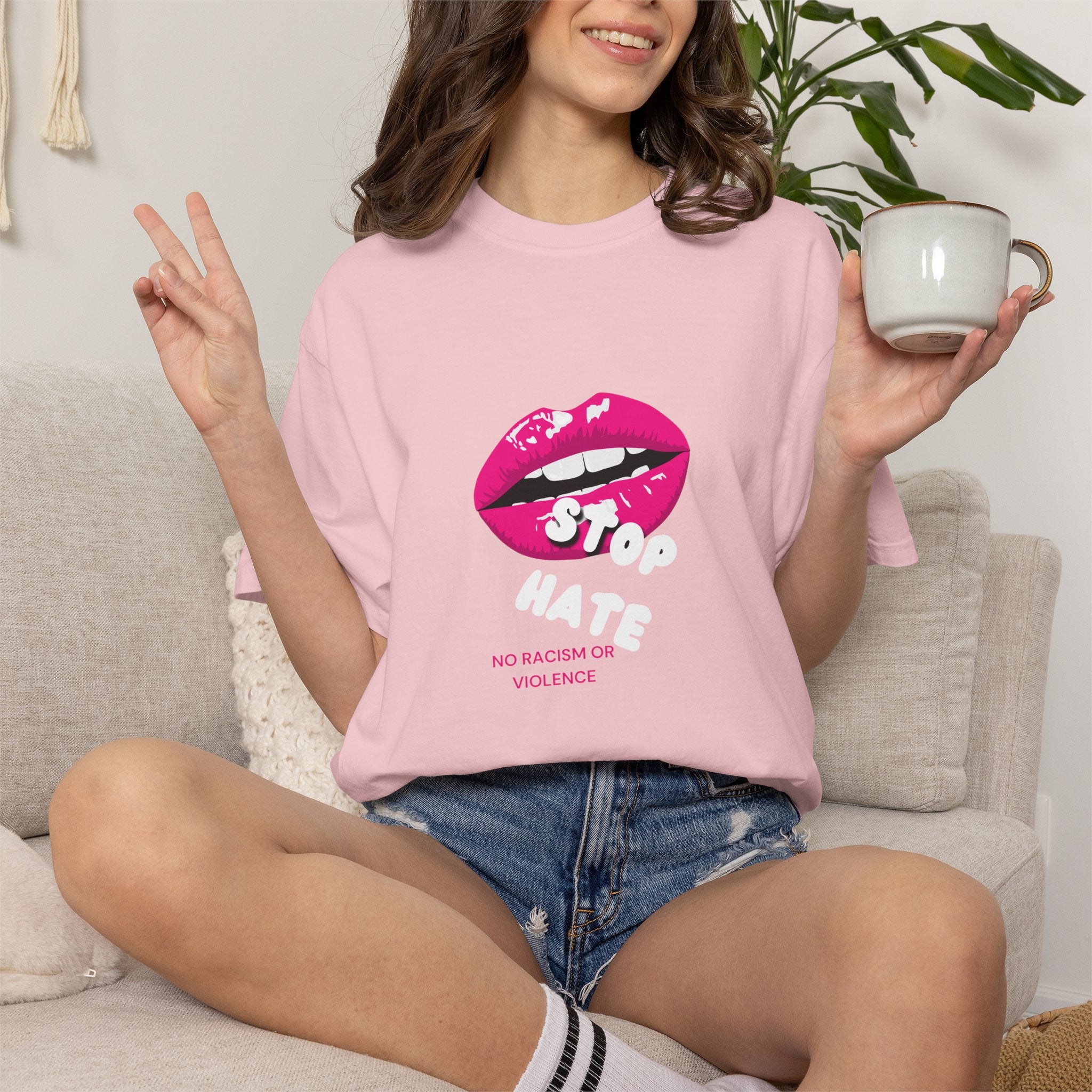 T-Shirt — Pink Lip 'Stop' Graphic Tee (No Racism or Violence)
