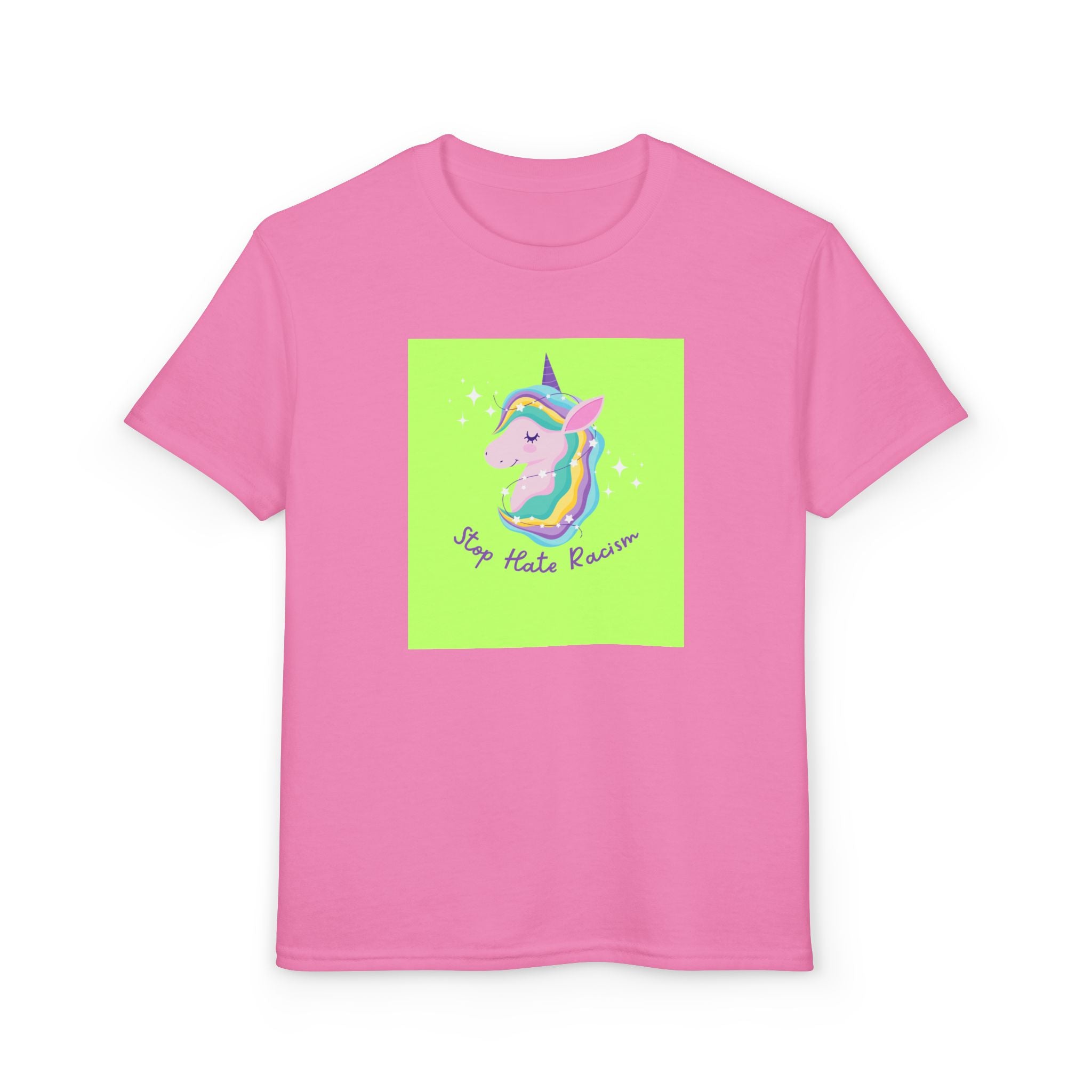 Youth T-Shirt — Rainbow Unicorn “Stop Hate Racism” Graphic
