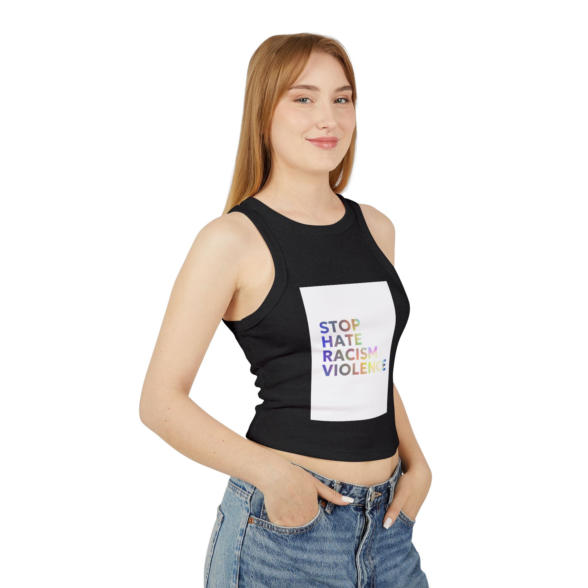 Racer Tank — "STOP HATE RACISM VIOLENCE" Rainbow Social Justice Crop
