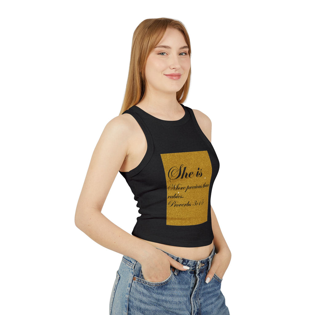 Women's Racer Tank Top — "She is More Precious than Rubies" Proverbs 3:15 Scripture Tank
