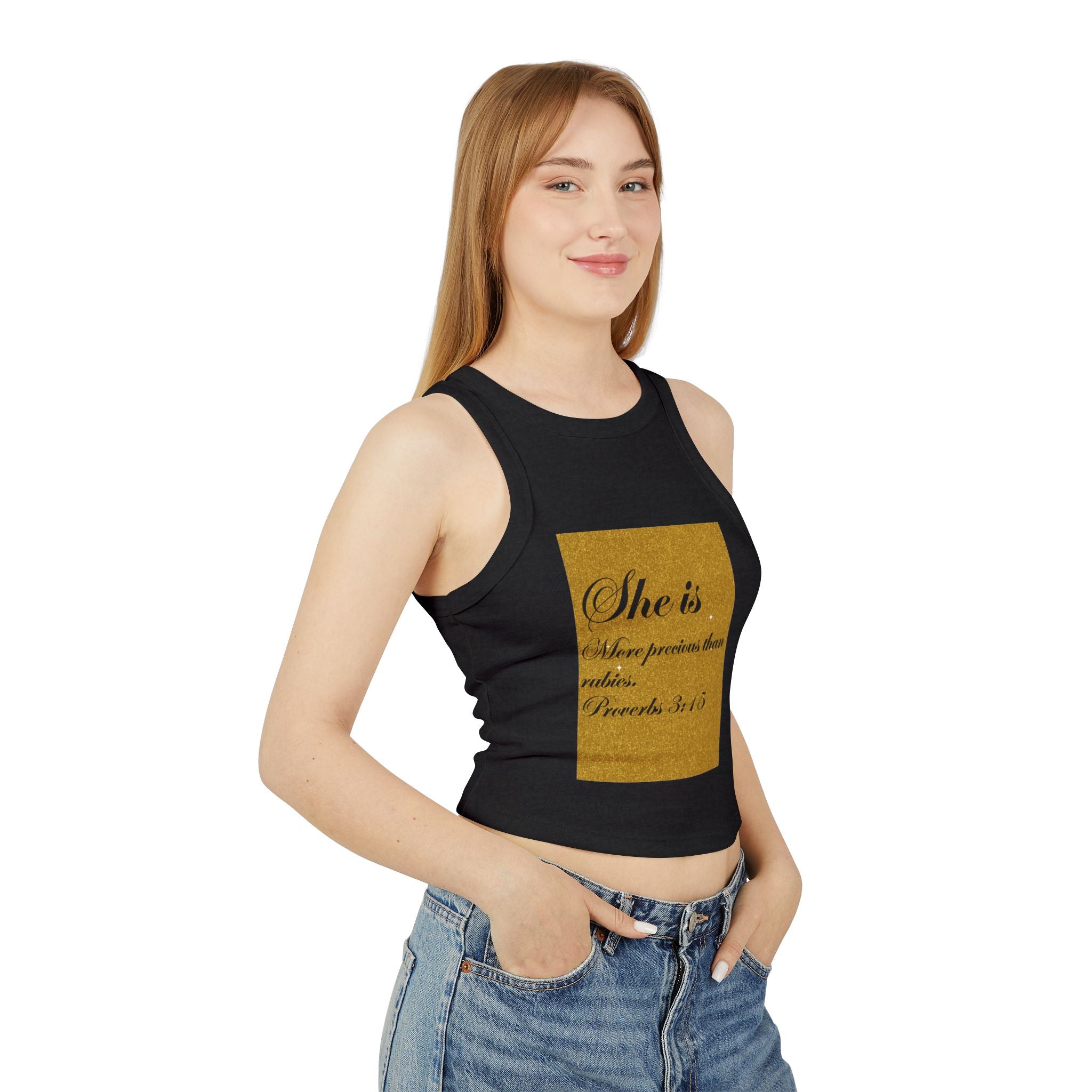Women's Racer Tank Top — "She is More Precious than Rubies" Proverbs 3:15 Scripture Tank