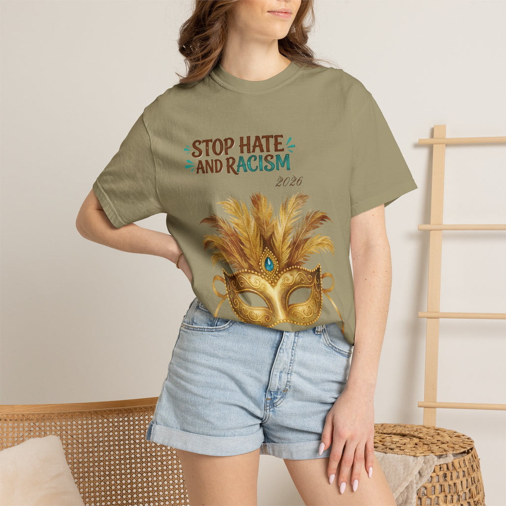 Stop Hate and Racism T-Shirt — Mardi Gras Mask Anti-Racism Tee