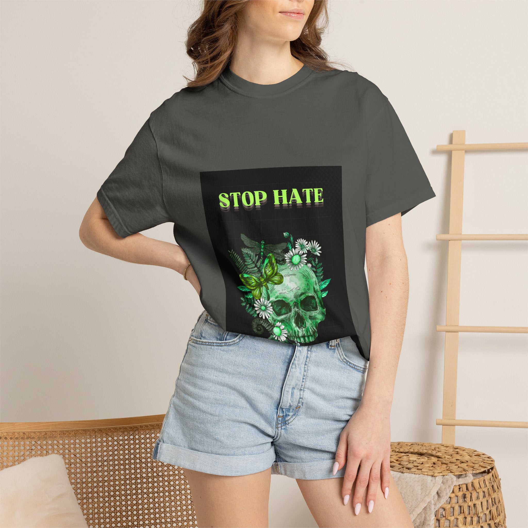 Stop Hate Skull T-Shirt — Green Floral Skull Graphic Tee